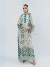 YEZWE modest top with bottom co-ord set featuring long beige dress with blue floral prints